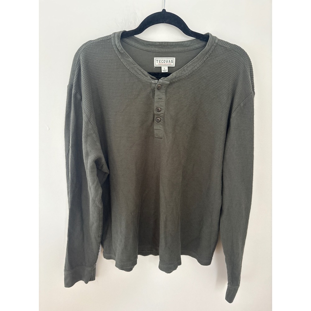 Tecovas Mens Large Olive Green Waffle Knit Thermal Long Sleeve Henley‎ Shirt